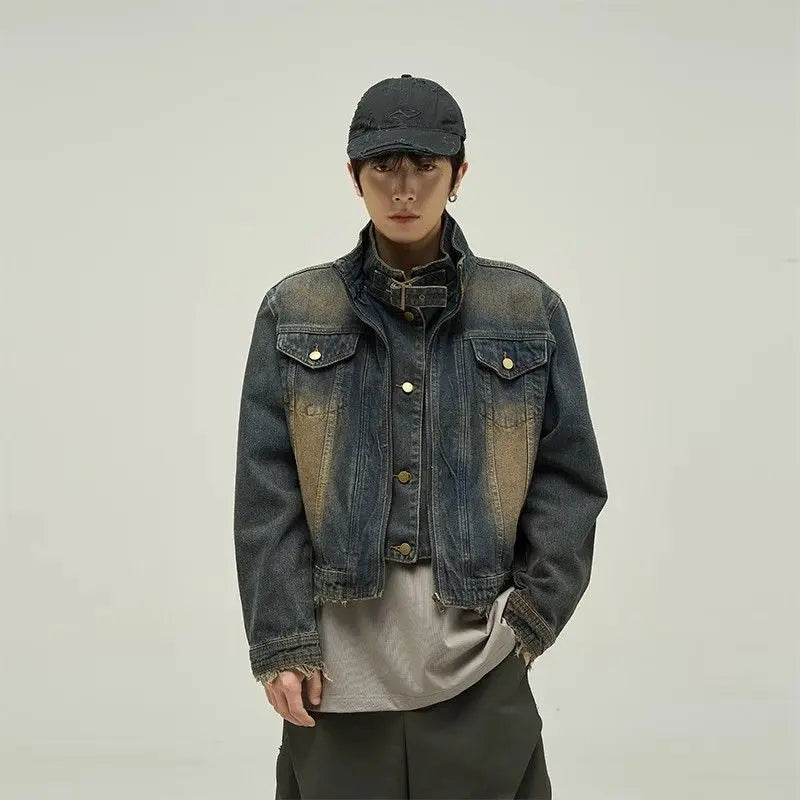 Threebooy Vintage Denim Jacket Man Woman Short Zipper Single Breasted Cowboy Crop Coats Blue Washed Stand Collar Unisex Jeans Outerwear