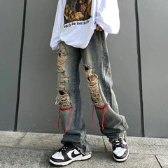 Threebooy Korean Style Ins Hip-Hop Trendy Distressed Red Rope Vintage Jeans Washed And Worn Long Straight Leg Pants