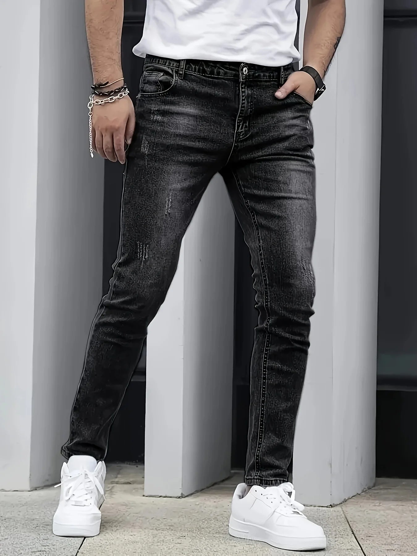 Threebooy  1 Piece of Men's Four-Season Snowflake Washed Fashion Jeans, Stretch Slim Fit Light Gray Dark Black Casual Denim Pants, Normcore and Fashionable, Suitable for Everyday Wear