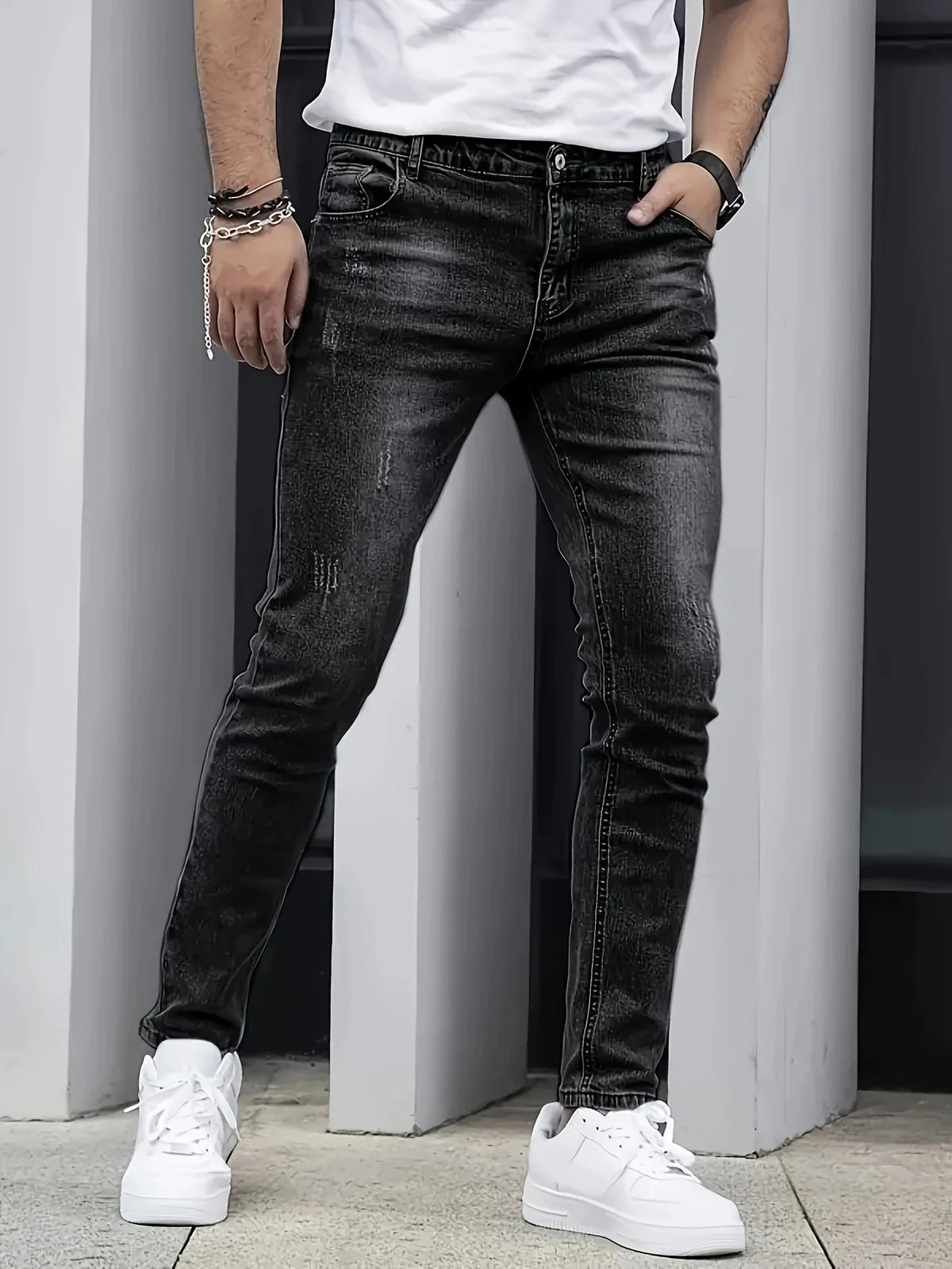 Threebooy  1 Piece of Men's Four-Season Snowflake Washed Fashion Jeans, Stretch Slim Fit Light Gray Dark Black Casual Denim Pants, Normcore and Fashionable, Suitable for Everyday Wear