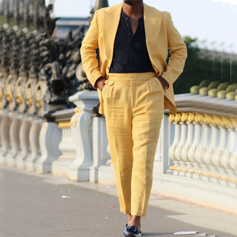 Threebooy  Summer Yellow Linen Men Suits 2 Piece Fashion Peaked Lapel Single Breasted Outfits Chic Daily Casual Wedding Party Tuxedo