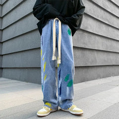 Threebooy Men's Jeans Painted Y2k Streetwear Trousers Harajuku Man Cowboy Pants Straight Tie Dye Hip Hop Y2k Vintage Stacked Cotton