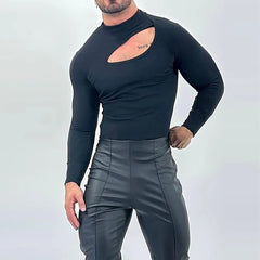 Threebooy  Autumn Clothing Men's Bodysuits Hollow Out Turtleneck Long Sleeve T Shirt Streetwear Sexy Solid Color Ripped Fashion Basic Shirt