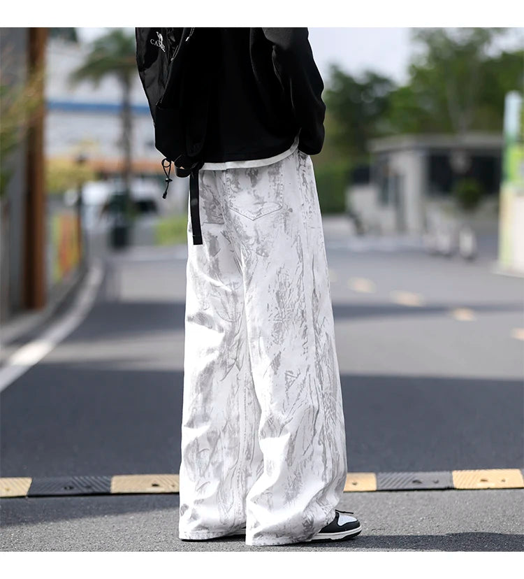 Threebooy Jeans Mens Classic Straight Leg Jeans White Tie Dye Denim Pants Unisex Fashion Casual Trousers Streetwear Hip Hop Style Washed