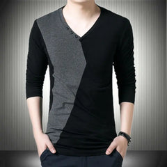 Threebooy  New Spring and Autumn Fashion Trend V-neck Panel Contrast Color Fashion Warmth Oversized Slim Fit Men's Bottom Shirt
