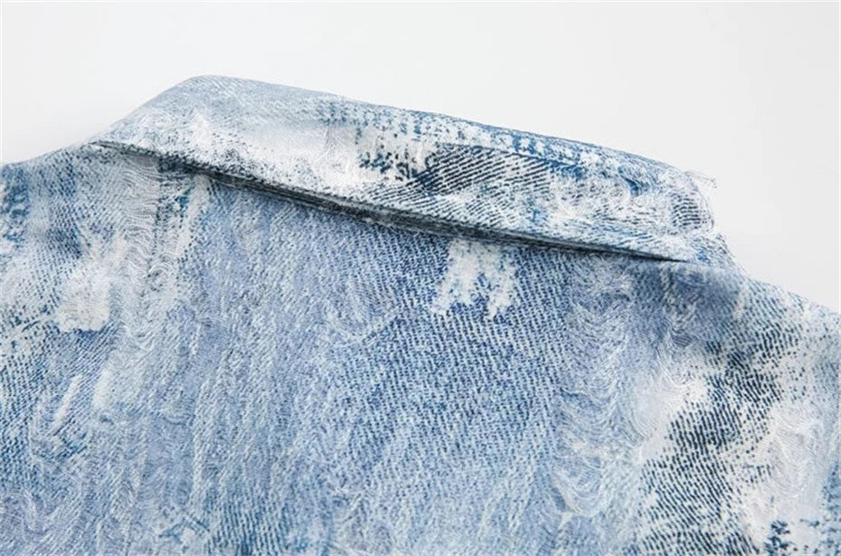 Threebooy  Summer Denim Short Sleeve Shirts Men Streetwear Hip Hop Ripped Hole Jeans Shirt Oversized Harajuku Tie Dye Casual Blouse Male