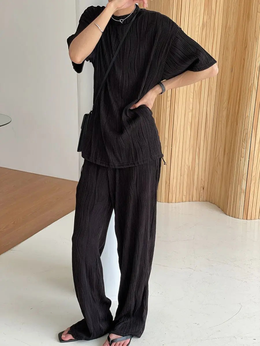Threebooy Mature Style Two-piece Set of Wavy Pleated Short-sleeved T-shirt Men's Loose Casual Straight-dial Long Trousers Tracksuit Summer