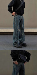 Threebooy Street men and women trendy personality retro blue splashed ink design straight leg jeans couple hip-hop loose casual pants y2k