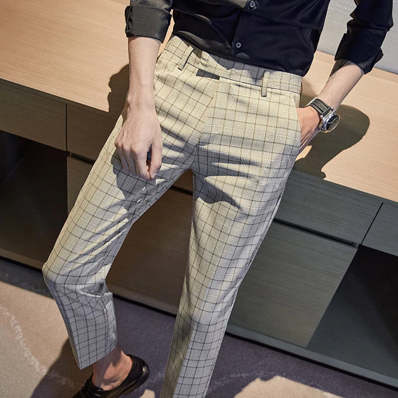 Threebooy Formal Pants Men Trousers British Style Mens Plaid Pant Pantalon Costume Spring Autumn Plaid Casual Dress Pants Men Social