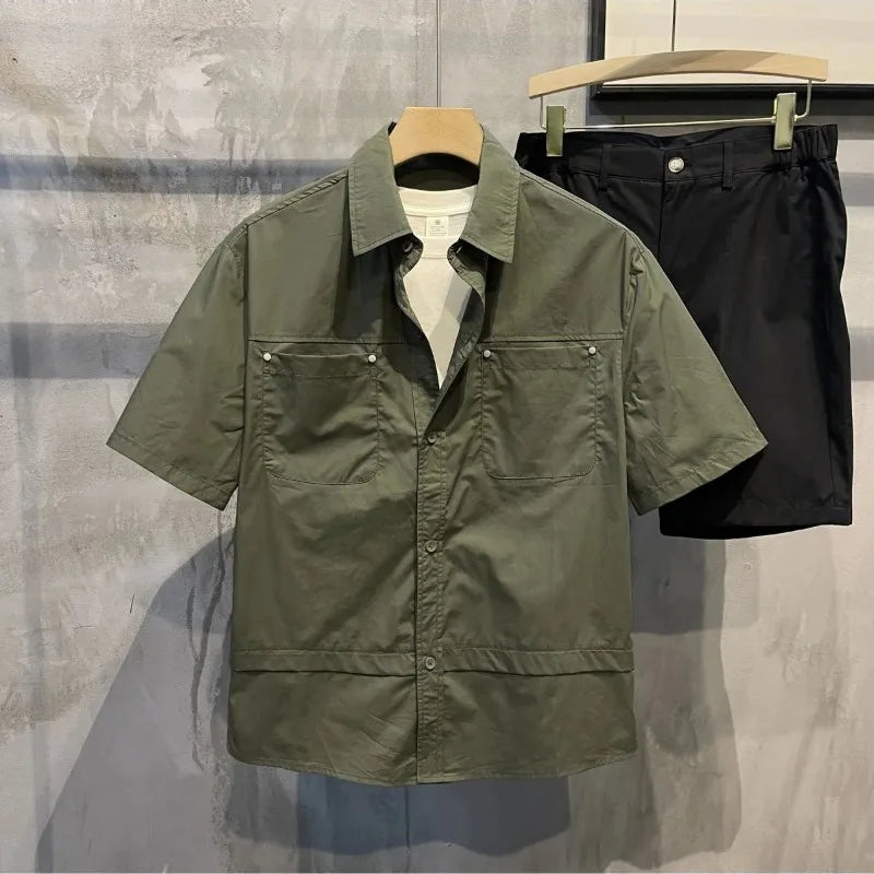 Threebooy  Summer New Shirt Short-sleeved Men's Fashion Trendy Casual High-end Sense Handsome Versatile Square Collar