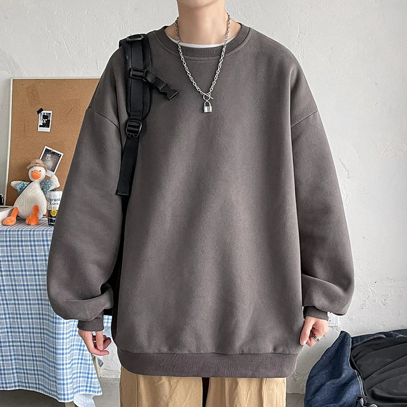 Threebooy Harajuku Sweatshirts Men Korean Solid Color Basic O Neck Oversized Pullovers Spring Autumn Simple Fashion Casual Tops 5XL-M