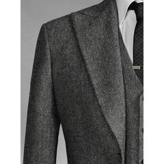 Threebooy  3 Pieces Men's Grey Herringbone Suits Formal Slim Fit Peak Lapel Tweed Prom Tuxedos for Wedding Groomsmen (Blazer+Vest+Pants)