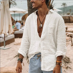 Threebooy  Men's Long Sleeve Shirt Spring Summer Lightweight Beach Shirts Turn-down Collar Simple Basic Style Single Breasted Top