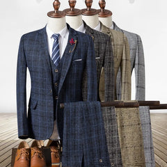Threebooy  Formal Groom Wear 3 Piece (Blazer+ Vest + Pants) Men's Suit Fashion Business Gentleman Wedding Casual Plaid Cotton Linen Jacket