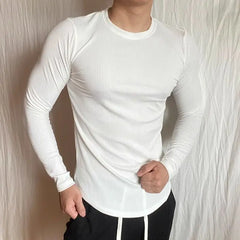 Threebooy  Sports Long-sleeved T-shirt Fitness Tights Slim Elastic Striped Round Neck Casual