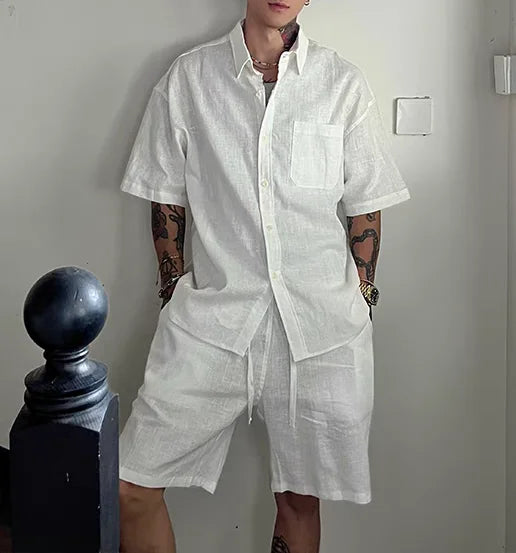 Threebooy  American Style Cotton Linen Casual Sports Set Men Loose Workwear Short Sleeve Shirt Linen Breathable Five-Quarter Shorts Two-...