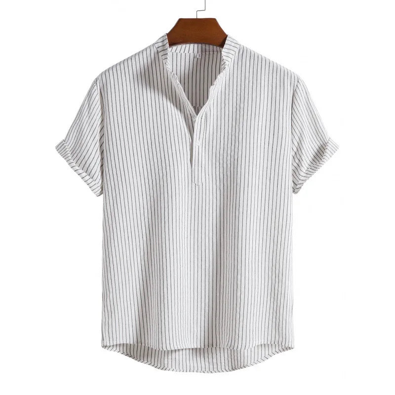 Threebooy Summer Men's Cotton Linen Stand Collar Short Sleeved Shirt