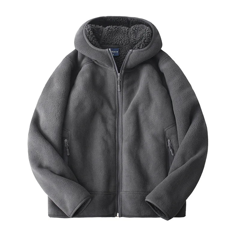Threebooy  Thickened Fleece Zipper Hooded Sweatshirt For Men Women Autumn And Winter Outdoor Warm Jacket Casual Lambskin Outwear Coats