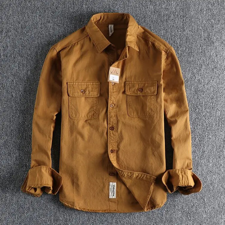 Threebooy  British Style Retro Long Sleeve Shirt Coat Men Spring  Autumn Twill Cotton Versatile Solid Color Male Cargo Work Shirts