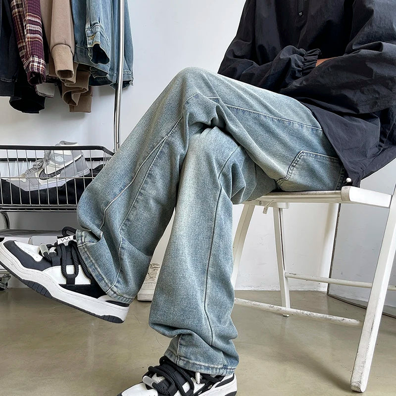 Threebooy  New Men's Patchwork Bootcut Jeans Elastic Waist Vintage Classic Blue Black Denim Trousers Fashion High Street Korean Male Pants