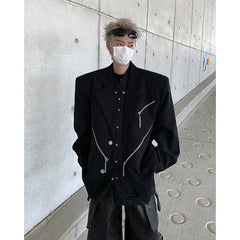 Threebooy Oversized Black Blazer Men High-end Fashion Leisure Suit Jackets Multi-zippers Male Streetwear Casual Korean All-match Suit
