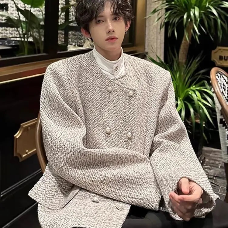 Threebooy  Spring Autumn Collarless Shoulder Pad Suit Double-row Jacket Streetwear Versatile Short Handsome High-end Elegant Woolen Jacket