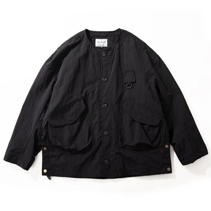 Threebooy  Outdoor Casual Loose Fit Collarless Jacket Men's Spring Autumn New Style American Workwear Jacket with Big Pockets