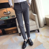 Threebooy  High Quality Korean Summer Solid Drape Suit Pants Men Clothing Simple Slim Fit Ankle Length Office Trousers Formal Wear 36