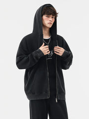 Threebooy Men's Zip-Up Washed Faded Hoodies 330GSM Cotton Polyester Knit Cardigan Tops Street Y2K Oversized Hoody Sweatshirts Unisex