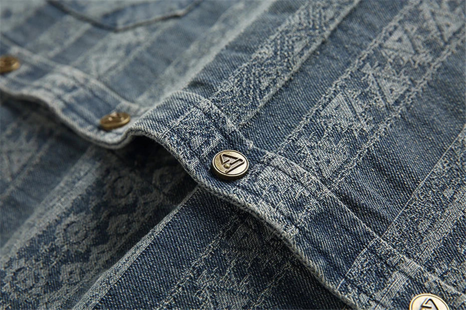 Threebooy Vintage Print Denim Shirts Mens National Style Long Sleeve Shirt for Men Harajuku Loose Casual Cotton Blouse Jeans Coats Male