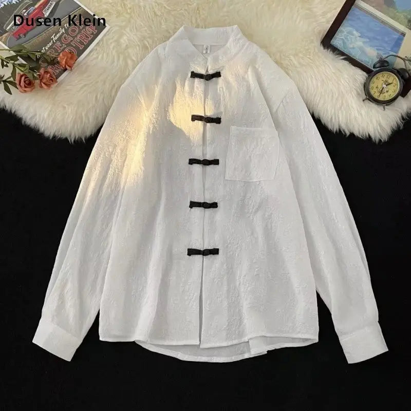 Threebooy Chinese Style Blouse Buckle Stand Collar Shirt Korean 2025 Summer New Trend Embroidered Pattern Vintage Shirt Jacket