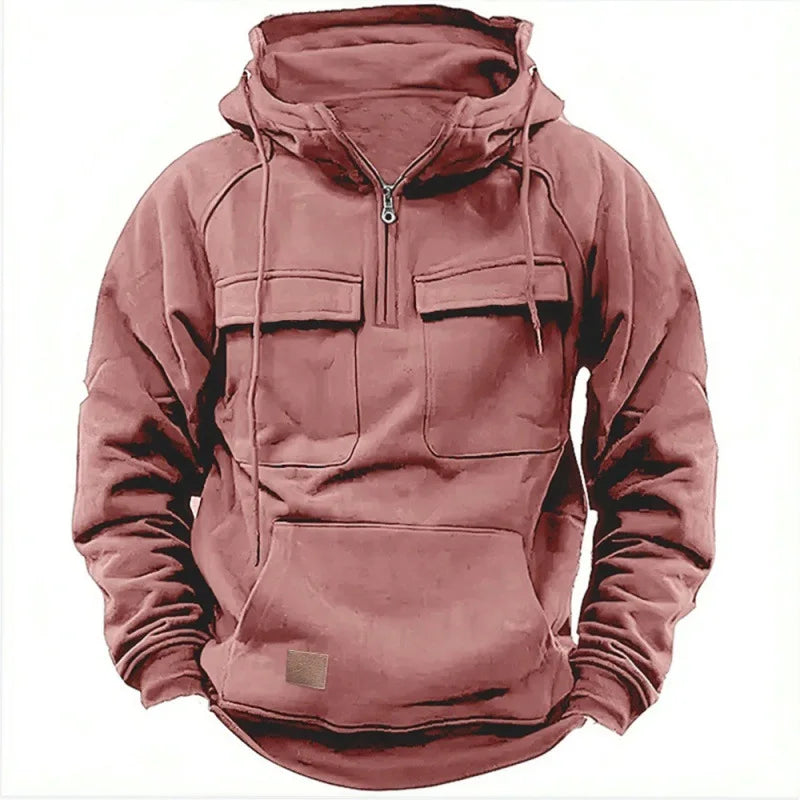 Threebooy Spring Autumn New Men's Hooded Solid Color Sweatshirt Multi Pocket Leather Patch Sports Coat
