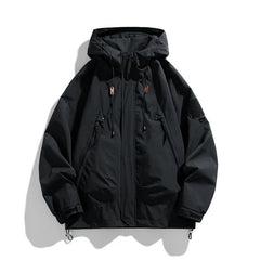 Threebooy  Windbreakers Men Hooded Jacket Zipper Coat Cargo Waterproof Black Bomber Camping Loose Thin Softshell Hooded Hiking Jacket