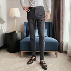 Threebooy  Autumn Casual Business Men Stripe Pants Fashion Slim Fit Long Trouser For Men's Mid Waist  Design Pants Spring Streetwear