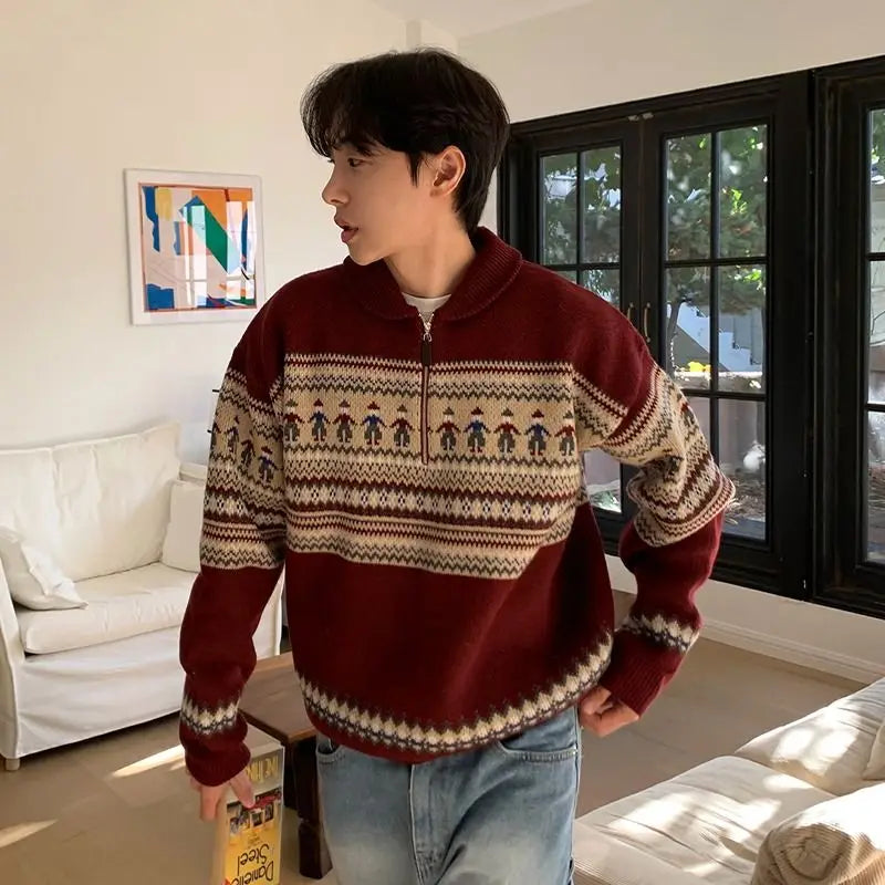 Threebooy American style autumn and winter street fashion half zipper polo sweater for couples loose retro red Harajuku knit top y2k
