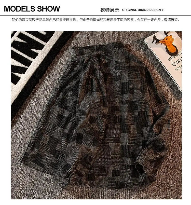 Threebooy Plaid Shirt Men's High-end Fashion Top Hong Kong Style Long-sleeved Loose Handsome Trendy Retro Shirt Casual Jacket Aesthetic