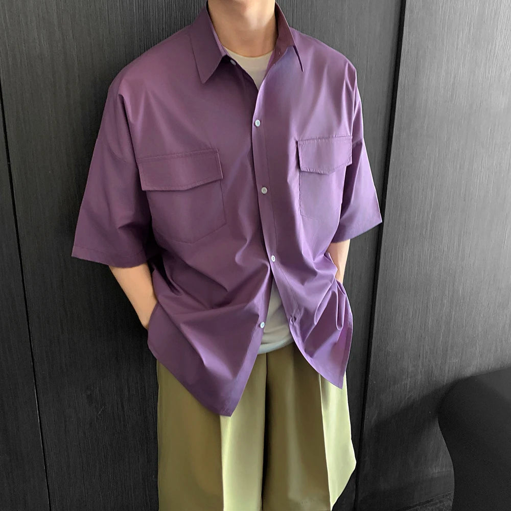 Threebooy High Quality Solid Pockets Shirts Black Blouses Summer Korean Smooth Short Sleeve Shirt Streetwear Oversize Cargo Shirts