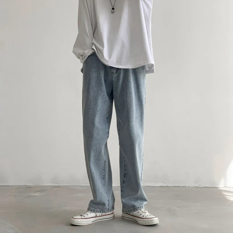 Threebooy Autumn Winter New Solid Color Fashion Jeanstrousers Man High Street Casual Zipper Pockets All-match Y2K Straight Pants
