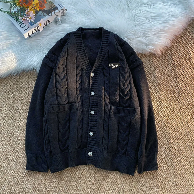 Threebooy Letter Twists Cardigan Sweater Men New Preppy Grunge Cityboy Knit Jacket Japan Couple Casual V-neck Sweater Coat