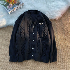 Threebooy Letter Twists Cardigan Sweater Men New Preppy Grunge Cityboy Knit Jacket Japan Couple Casual V-neck Sweater Coat