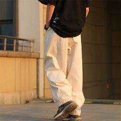Threebooy Men's Fashion Trend Cotton Loose Casual Pants Retro Popular Elastic Waist Trousers Black/Apricot/green/brown Straight Pants