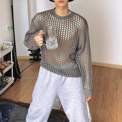 Threebooy  High-End Hollow Round Neck Sweater Mens Spring And Autumn New Loose Knitted Sweater Design Niche Long-Sleeved Outerwear Tops Men