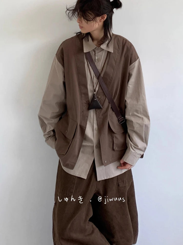 Threebooy  Japanese Style Dressing Retro Fake Two-piece Vest Long-sleeved Work Shirt American Fashion Men Casual Loose Shirt Trendy Jacket