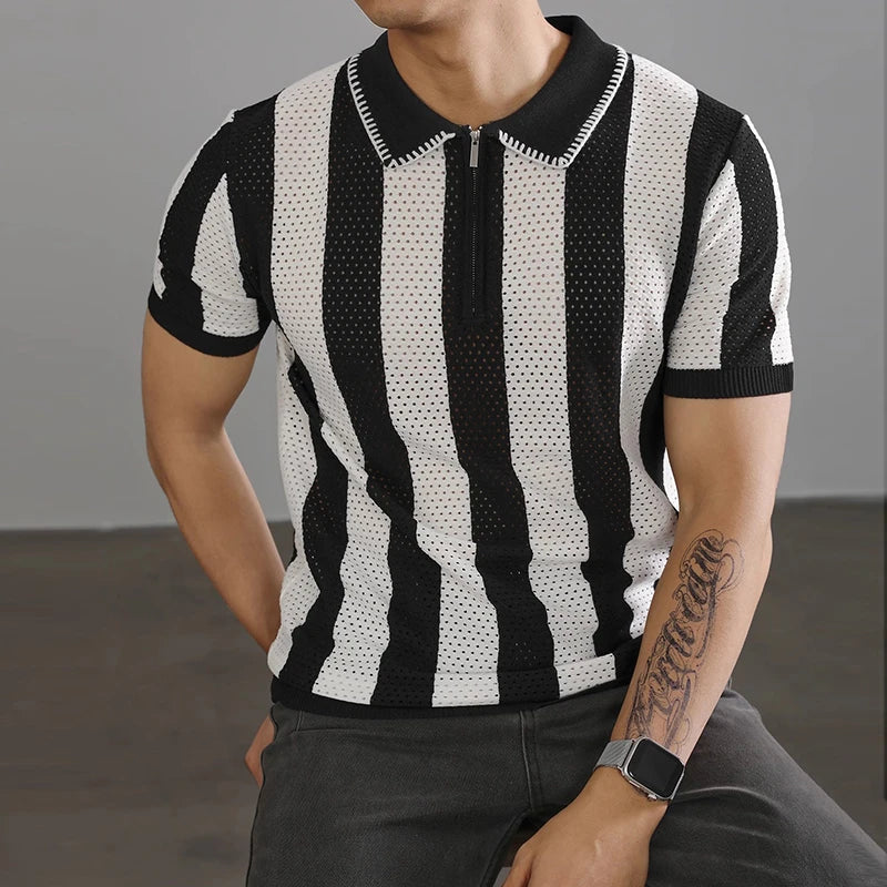 Threebooy New Chic Striped Polo Shirt Light Luxury Hollow Out Knitted T-shirts Korean Style Zipper Short Sleeve Tops Breathable Knitwear