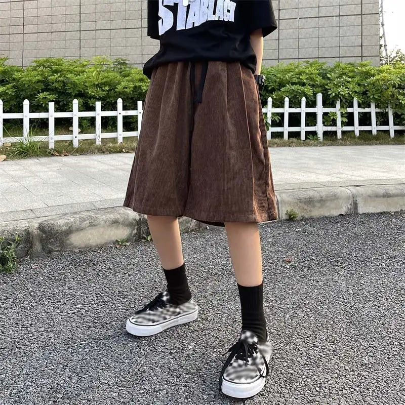 Threebooy Brown Corduroy Shorts Oversized Baggy Five Point Trousers Summer Korean Fashion Wide Leg Pants Ins Hip Hop Bottoms Men and Women