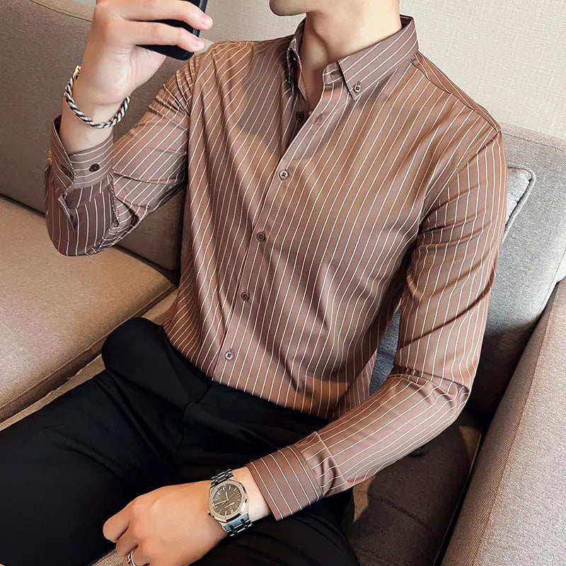 Threebooy  Plus Size S-3XL Korean Long Sleeve Striped Shirts Men Clothing Simple Slim Fit Business Casual Office Blouse Homme Hot Sale