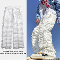 Threebooy American Street Hip-hop Heavy Industry Ripped Men's Jeans Spring  Straight Loose Vibe Style Skateboard White Flared Pants