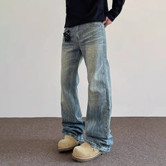 Threebooy Korean Fashion High Street Lightning Ripple Jeans Straight Leg Pants Four Season Classic High-Quality Micro Flared Pants