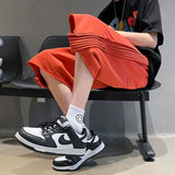 Threebooy Solid Loose Shorts Thin Summer Sports Thousand Pleated Straight Wide-leg Casual Pants Oversized 5-point Pants Men's White Orange