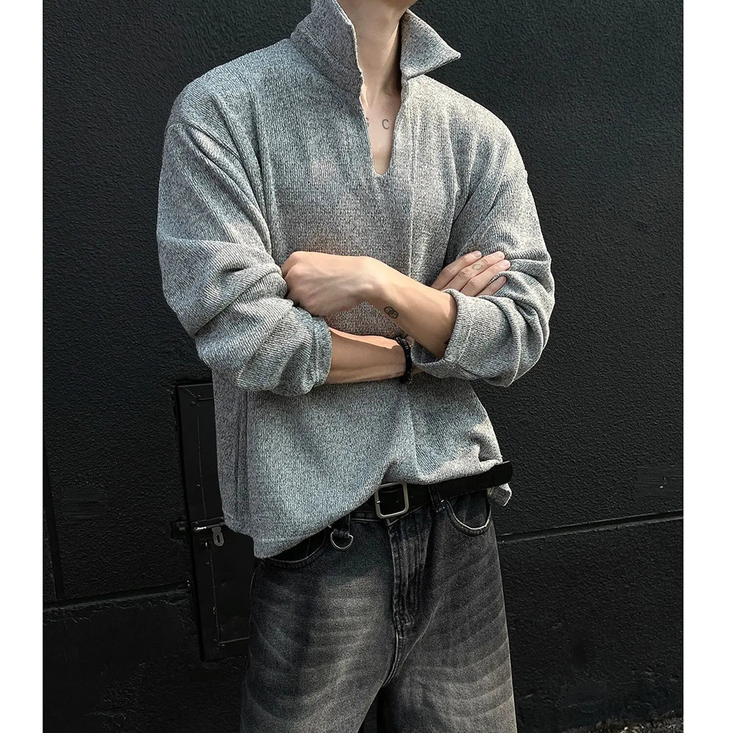 Threebooy American High-end V-neck Polo Shirt Long-sleeved T-shirt Men's Spring Autumn Couple's Trend Simple Base Shirt Elegant Streetwear